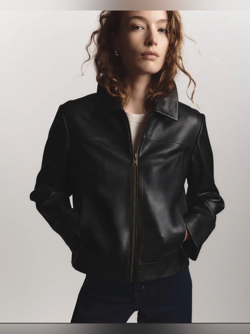 NWT NEW Quince 100% Sheep Leather Cropped Zip-Front Jacket | True Black | Large